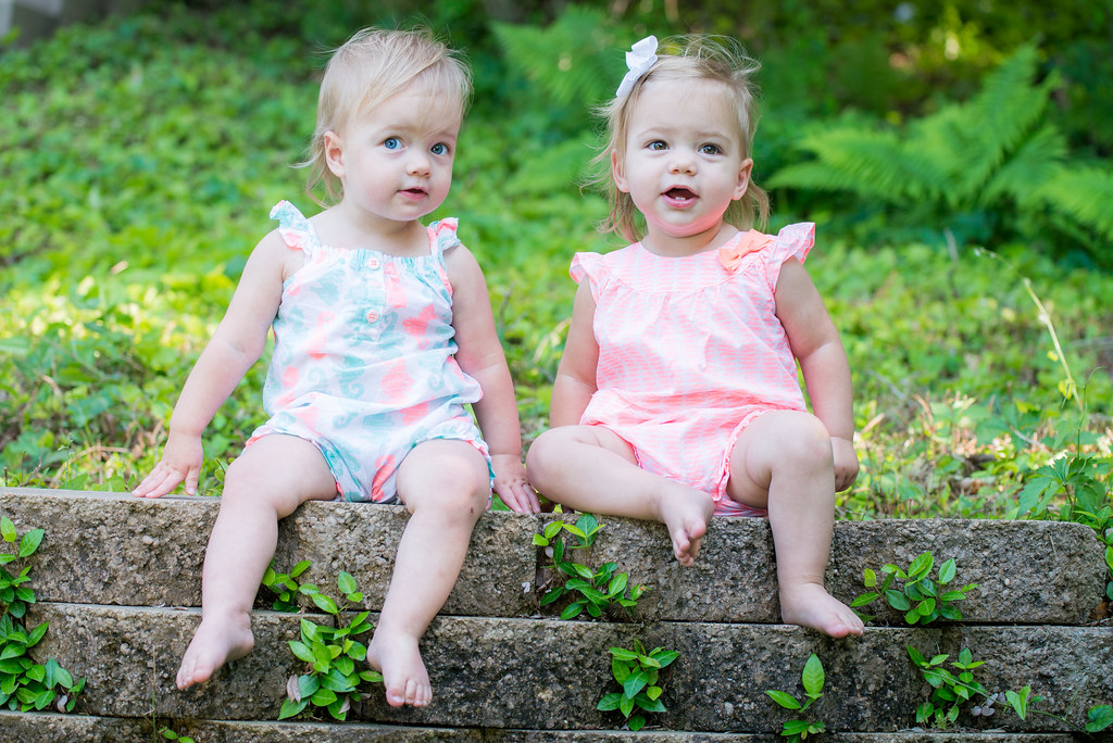 ...green, girl, smile, grass, yard, outside, outdoors, twins, eyes, toddler