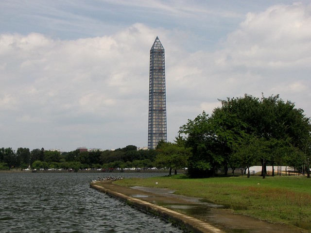 Washington Monument in scaffolding, viewed from across the Tidal Basin near the Jefferson Memorial [03]
