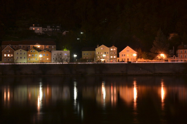 Passau, Bavaria: Houses on the other side of the Danube at night