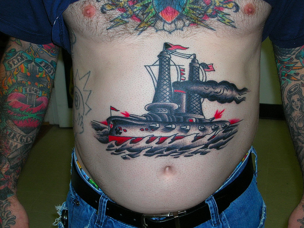 while the warships should be illustrated in a way that adds a sense of  hopelessness and despair to the overall design. The tattoo should be dull  and lack detail
