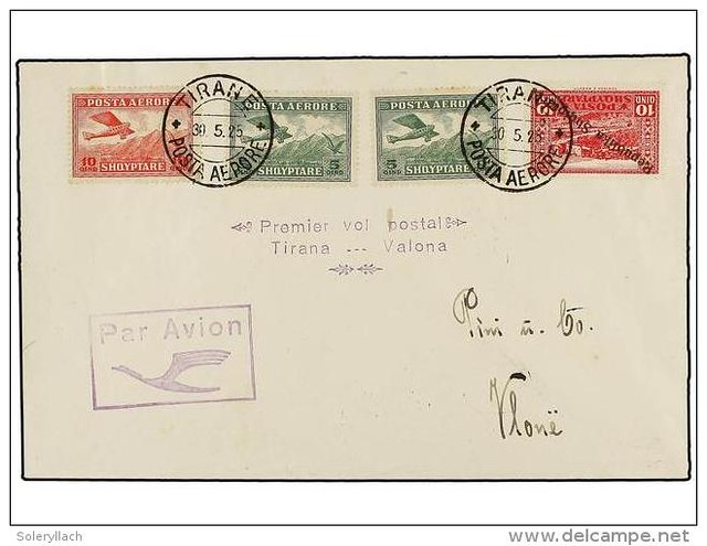 Posta aerore shqyptare. 30 maj 1925, fluturim i parë postar Tiranë-Vlonë. May 30th 1925, first air flight mail Tirana-Vlora. 30 mai 1925 premier vol postal Tirana-Vlora.