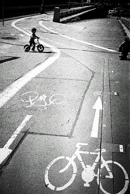 Little biker on the highway (cycling in Prague)