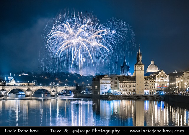 Czech Republic - Prague - New Years Fireworks over Charles bridges and Vltava River