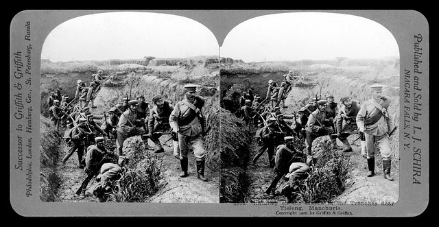 A POSED VIEW OF JAPANESE TROOPS IN CHINA DURING THE RUSSO-JAPAN WAR -- PRINT VERSION OF A RARE GLASS STEREOVIEW by T. ENAMI