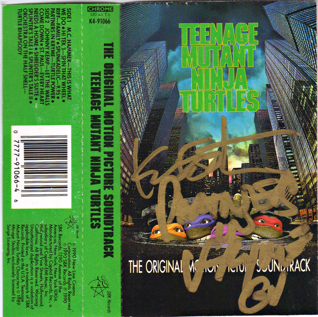 TEENAGE MUTANT NINJA TURTLES: THE ORIGINAL MOTION PICTURE SOUNDTRACK; Cassette Tape // Signed by Partners in Kryme's RICHARD USHER & KEVIN EASTMAN ii (( 1990 )) by tOkKa