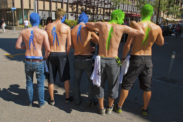 Boys with Body painting. Zurich Street Parade 2013. No. 6933.