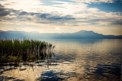 morning blue sky white mountain lake reflection green public water grass yellow clouds canon landscape gold dawn published greece canonef50mmf14usm agrinio canoneos6d ayearofpictures2013