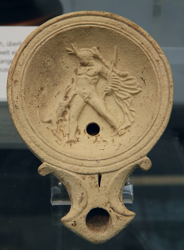 Terracotta oil lamp depicting Actaeon being torn apart by his own dog, 1st century AD, Staatliche Antikensammlungen, Munich