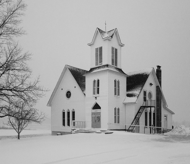 Townline UMC - white church in a snowstorm