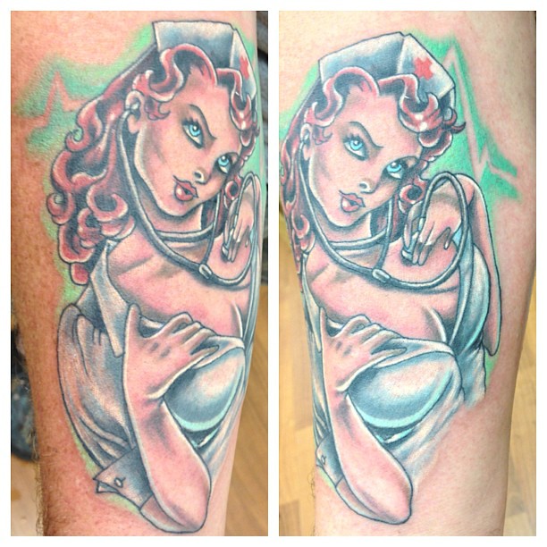 New school nurse pinup tattoo done by bob price at inferno… | Flickr