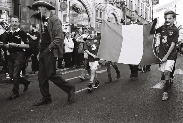 People and flag, St Patrick's Day Parade 2014, London