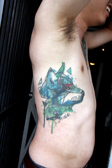 watercolor wolf tattoo healed