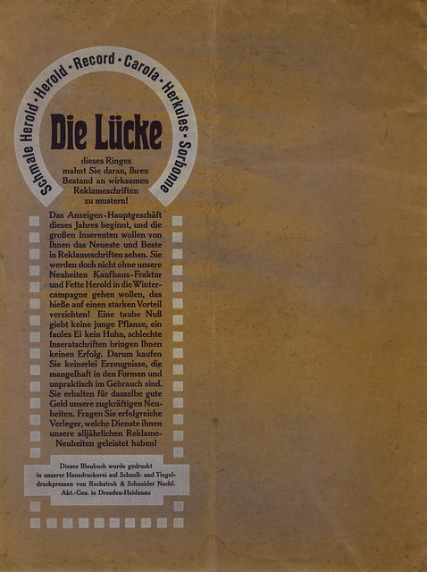 Unser Blaubuch 1907 von H. Bertold A. -G. u. Bauer & Co. Rückseite des Umschlags