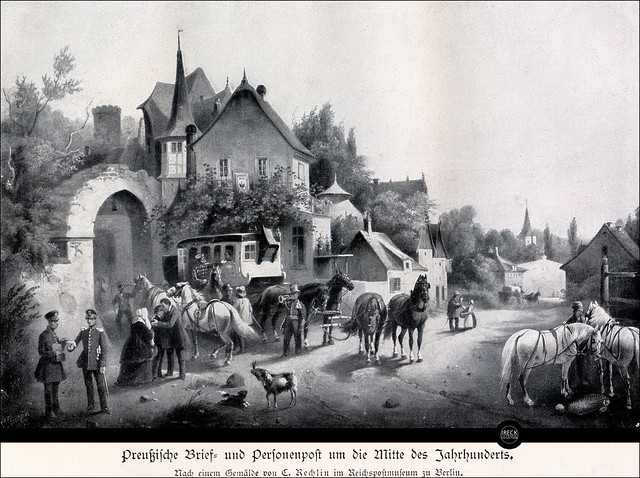 Preußische Brief- und Personenpost um die Mitte des 19. Jahrhunderts. Stagecoach in Prussia.