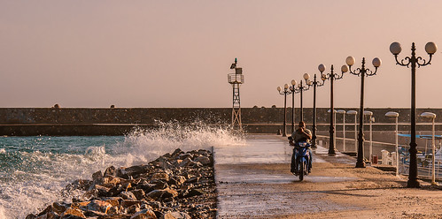 sea storm wet port greek coast harbour aegean scooter greece motorcycle plomari