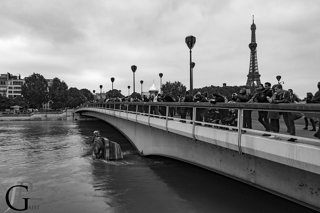 Onlookers looking at the Seine's flood