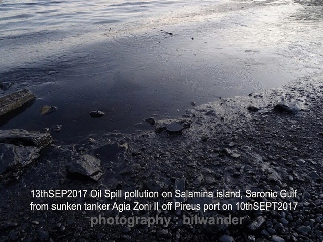 Greece. Saronic Gulf, Salamina island, oil spill pollution ....