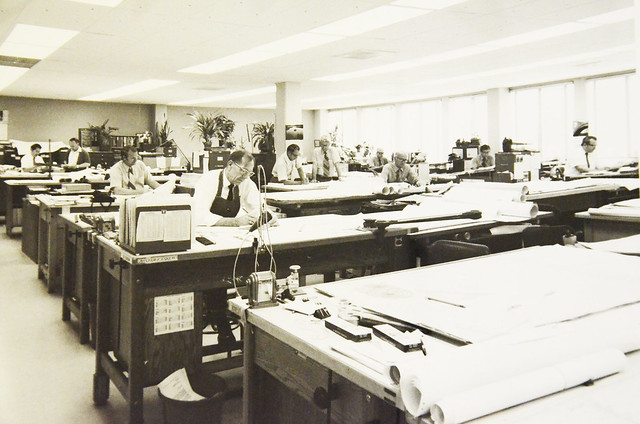 Draftsmen at work at the Division of the State Architect, circa 1970s.