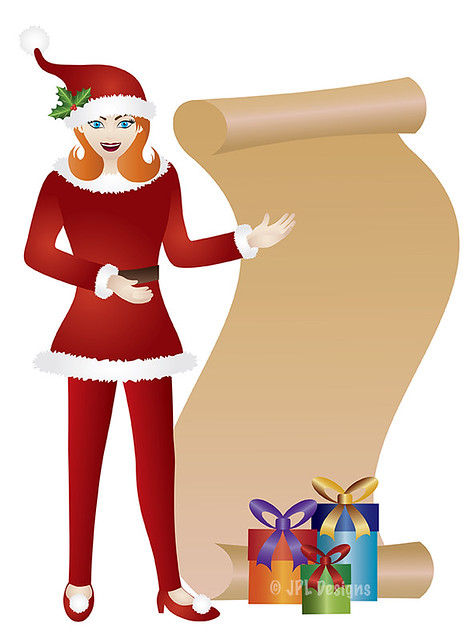 Girl in Santa Suit with Scroll and Presents