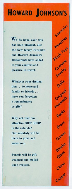 Howard Johnson's menu insert card New Jersey Turnpike NJ