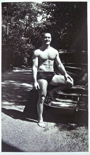 Vintage 1960s Photo: Shirtless Muscle Man Posing In A Pair Of Briefs Cut Speedo Swim Trunks 1