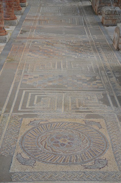 Mosaic floor in the House of the Fountains with fish, geometric pattern and labyrinths, Conimbriga, Lusitania, Portugal