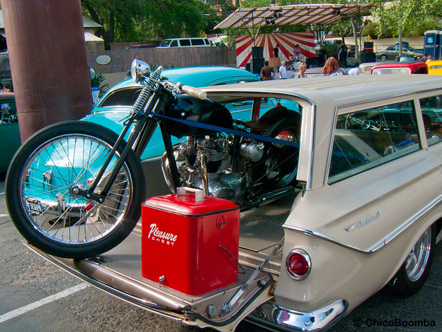 Motorcycle inside a 1960's Chevrolet Parkwood Station Wagon