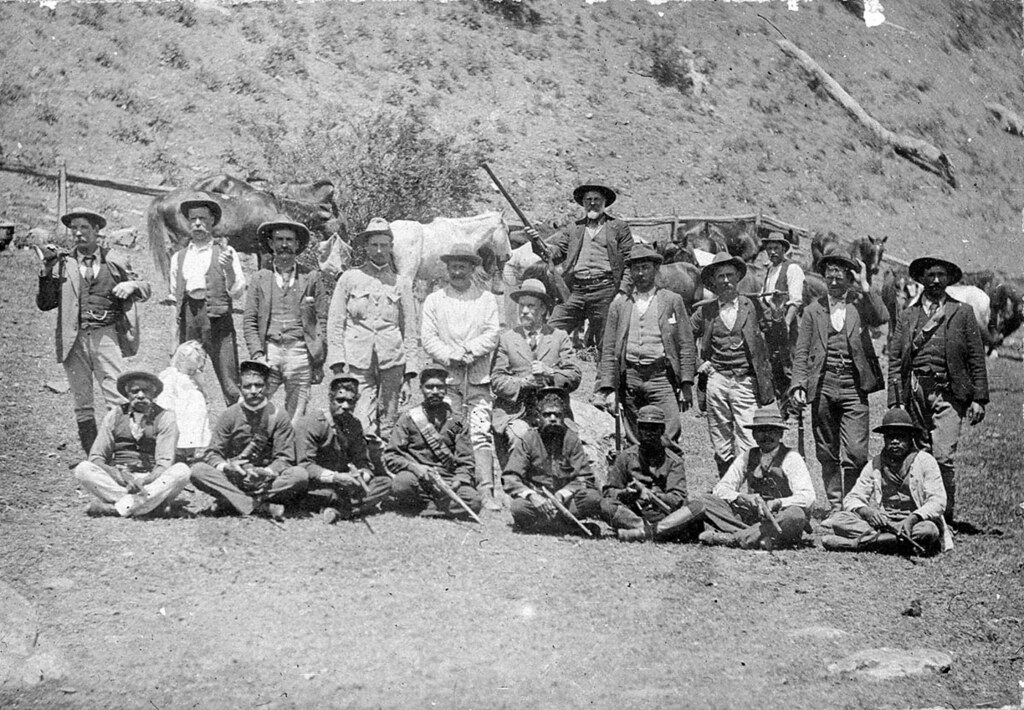 The hunt for the Governor gang of bushrangers. A posse of mounted police, aboriginal trackers and district volunteers. Jimmy & Joe Governor were sighted at Stewarts Brook on 12 September 1900 - Stewarts Brook, NSW