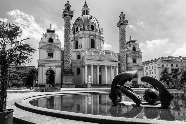 Karlskirche Vienna with a Henry Moore sculpture 