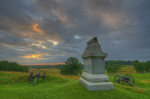 gettysburg pa pennsylvania civilwar national battlefield eastcemeteryhill 1stpennsylvanialightartillery batteryb monument sunrise clouds cannon hdr highdynamicrange craigfildesfineartamericacom