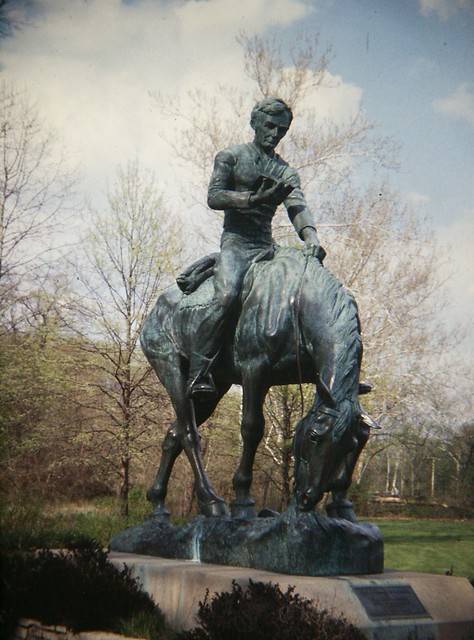 New Salem Statue of Abraham Lincoln on horseback absorbed in studying; Sculpted by Anna Hyatt Huntington.