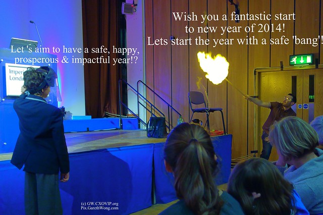 @GarethWong 's happy new year card (illustrated with capture of Dr Simon Foster @DrFozzy lighting a Hydrogen balloon at Imperial College's It's rocket science lecture for kids from RAW _DSC6638 )
