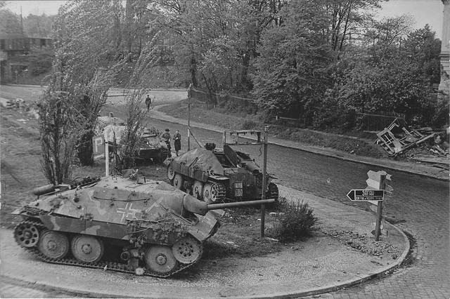 German tank destroyers Jagdpanzer 38 (t), abandoned by retreating troops. Germany april 1945