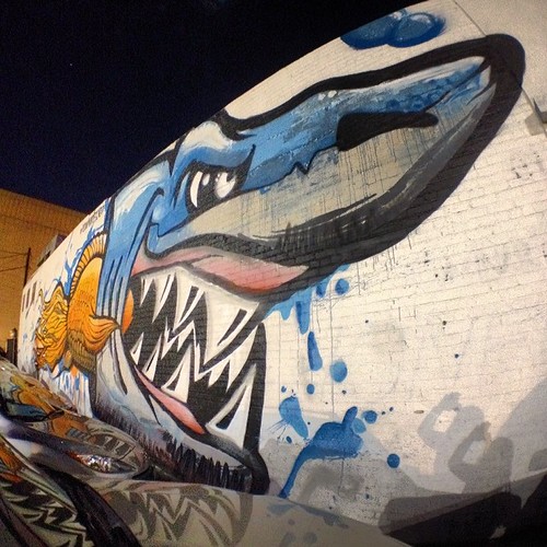 Everybody wears a mask in #Hollywood. #streetart #mural #sharkattack | by Knitterotica