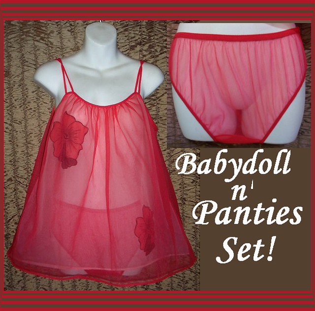 Sheer Vintage Red Chiffon Babydoll Panties sissy set