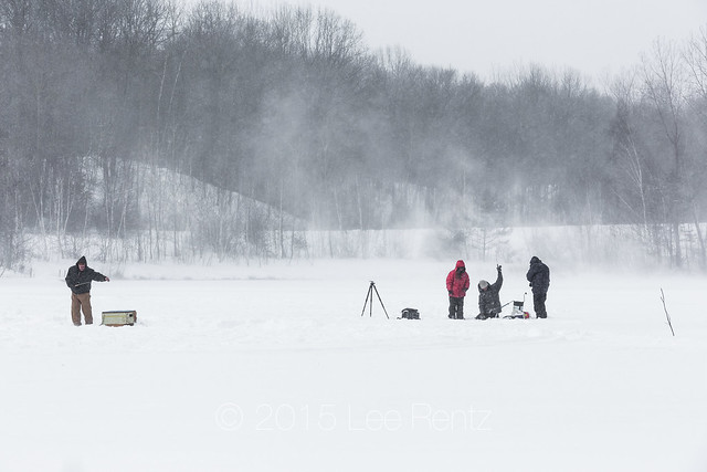 Ice Fishermen on a Frigid and Windy Day in Central Michigan