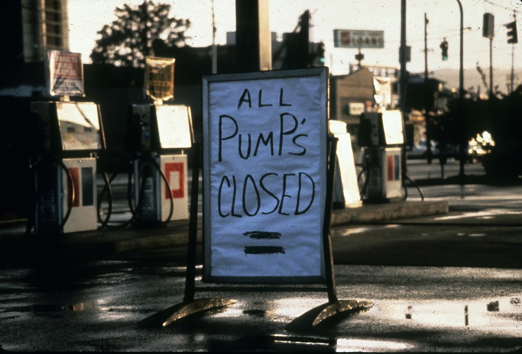 Closed gas station during energy crisis, 1976