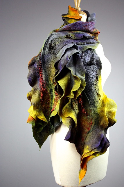 Abstract Felted scarf Merino wool and silk , earthy tones , handdyed, 3D Art , Purple , Mustard