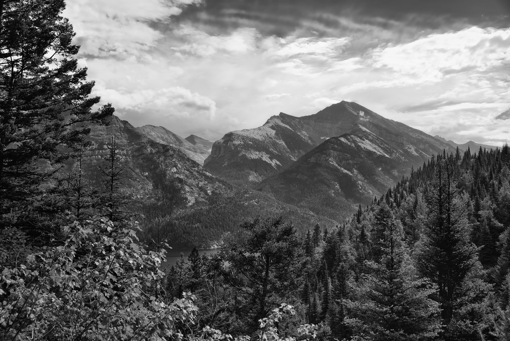 Blue Skies and Clouds for a Backdrop to Mountains (Black & White, Waterton Lakes National Park)