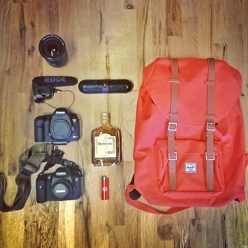 Gearing up for tomorrows shoot. Rocking @canon 5D MKlll & 7D 24-70mm L @dsptch_sf camo strap, #Rode video pro, @beatsbydre Pill for the tunes, @hennessyus to start the party & @herschelsupply to carry it all! #krispfilms | by insta2641