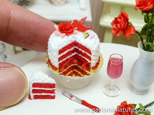 Romantic red velvet cake in miniature