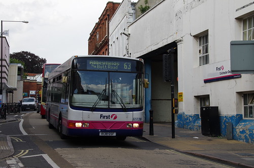 First Essex Scania L113CRL / Wright Axcess Ultralow 65538 , R138 GSF passing the deteriorating First Colchester depot building | by EastBeach68