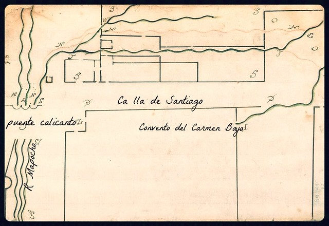 con el Norte a la derecha, en 1787 este plano de acequias muestra el empalme de la Cañadilla al puente de Calicanto, el editor se niega a escribir 