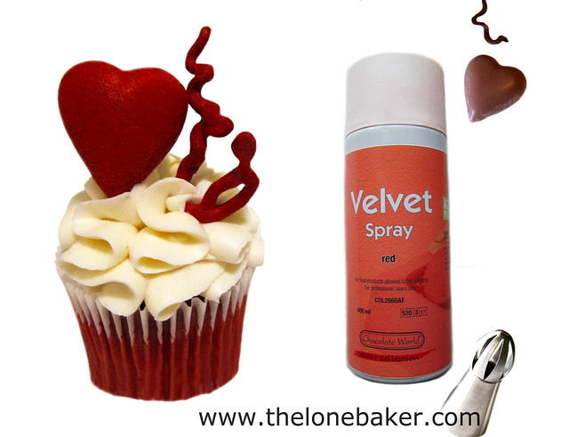 Red velvet cacao spray and sphere piping tips for easiest ruffle piping.