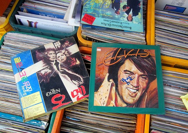 Seoul Korea vintage vinyl LP stand at Dongmyo flea market - rare Korean edition of 