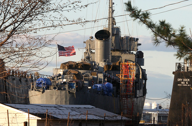 USS Slater (DE-766),  Cannon-class destroyer escort, in Dry Dock in Staten Island, New York, USA. April, 2014