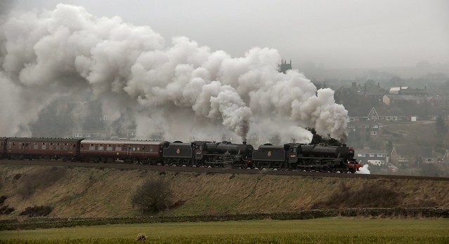 15th February 2015. Ex LMSR Stanier Black 5s Nos. 44871 and 45407 at Penistone, South Yorkshire pulling The Tin Bath.