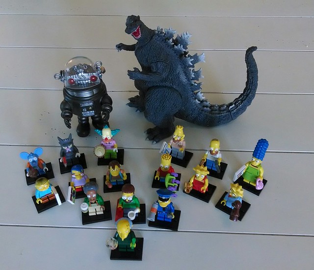 Simpsons Legos, Funko Pop! Robby, and Bandai Godzilla