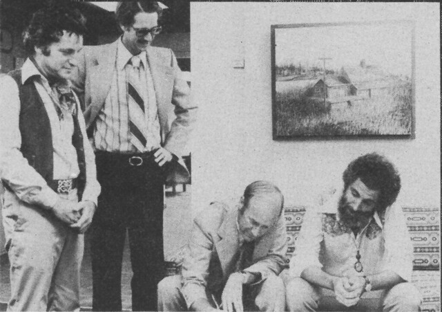 State Architects Sim Van der Ryn (left) & Barry Wasserman (right) and DGS director David Janssen (standing) look on as a construction contract is signed for what is now known as the Gregory Bateson Building, 1978.