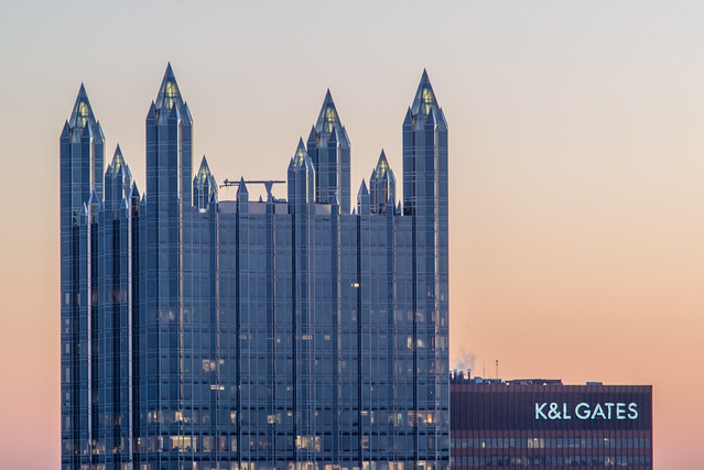 PPG Place and the K&L Gates building glow in the early morning hours